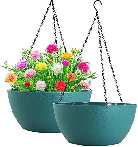 WOUSIWER 13 inch 2 Pack Large Hanging Planters for Indoor Outdoor Plants with Drainage Holes and Chain, Round Hanging Flower Pots for Garden Home Porch Decor, Myrtle Green