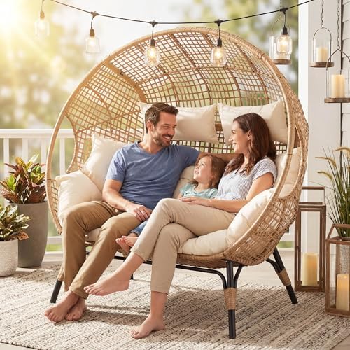 NICESOUL® Double Egg Chair Indoor Outdoor Stationary Oversized 6.5" Thick Padded Cushions,2 Person Egg Wicker Loveseat Chair, Extra Large Lounge Chair for Patio Balcony Porch Backyard Beige