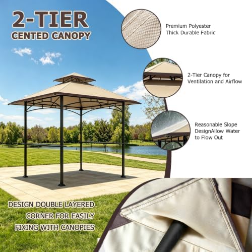 POOLTALE 5x8 FT Grill Gazebo Replacement Top, Outdoor BBQ Gazebo Top Cover, Double Tiered Layer BBQ Roof Gazebo Top Canopy Shelter