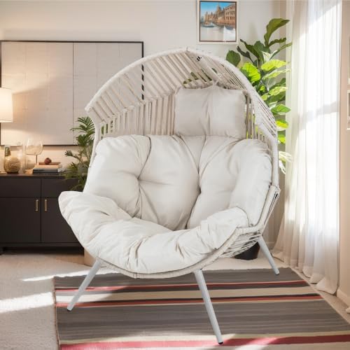 Vongrasig Outdoor Wicker Egg Chair PE Rattan Chair with Cushion, Oversized Patio Lounge Chair for Outdoor, Indoor, Balcony, Backyard, Garden, Beige/Rattan