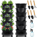 Umigy 2 Set Black 7 Tier Stackable Vertical Planters with Removable Wheels and Tools Tower Planters Strawberry Herb Flower Vegetable Pots Indoor Outdoor Gardening Pots