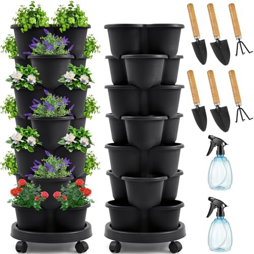 Umigy 2 Set Black 7 Tier Stackable Vertical Planters with Removable Wheels and Tools Tower Planters Strawberry Herb Flower Vegetable Pots Indoor Outdoor Gardening Pots