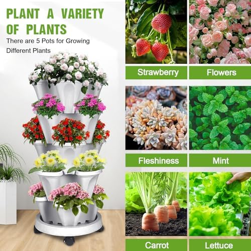Vertical Strawberry Planter 5 Tier Stackable Tower Herb Planters-Stacking Garden Outdoor Planter Pot With Tools Mover For Succulents, Vegetables and Flowers