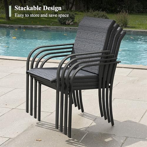5 Pieces Outdoor Dining Set, Stackable Textilene Paito Chairs & 37.8" Square Dining Table with Umbrella Hole and Shelf, Patio Dining Set for Backyard, Deck, Garden, Grey & Black