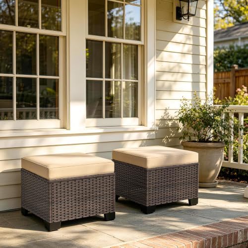 2 Pieces Wicker Ottomans, All Weather Rattan Patio Ottoman with Removable Cushion, Outdoor Footstools, Additional Seating, Side Table, Multipurpose Outdoor Furniture for Patio, Balcony, Khaki