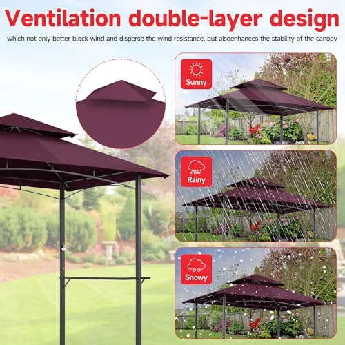 Gazebo Canopy Replacement Top - Grill Gazebo Replacement Canopy Roof – 5x8 Outdoor Grill Shelter Canopy Top Double Tiered BBQ Tent Cover (Claret)