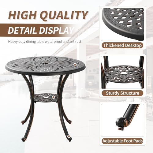 31" Round Patio Dining Table with Umbrella Hole, Cast Aluminum Bistro Table Outdoor Side Table for Backyard, Garden, Patio, Porch