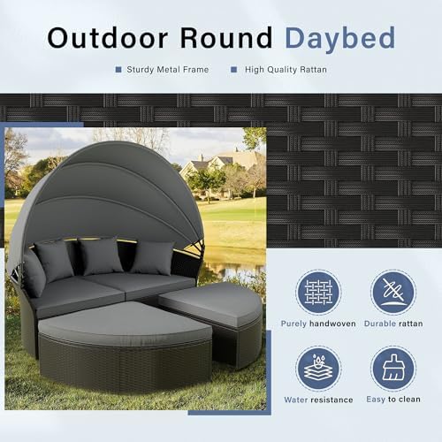 Crownland Round Patio Daybed with Retractable Canopy, Clamshell Wicker Sectional, Outdoor Wicker Furniture Daybed for Backyard, Poolside, or Garden，Grey