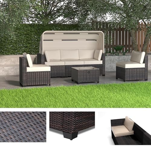 BROVAVE 83" Outdoor Rattan Sofa,6 Pieces Sets Patio Furniture with Retractable Canopy,Sectional Couch with Adjustable Backrest for Backyard,Garden,Poolside,Antique Grey White