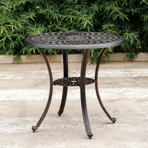 31" Round Patio Dining Table with Umbrella Hole, Cast Aluminum Bistro Table Outdoor Side Table for Backyard, Garden, Patio, Porch