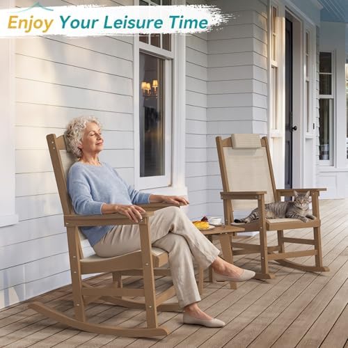 3-Piece Outdoor Rocking Chair Set, HDPE Patio Rocking Chair with Removable Headrest, Breathable Textilene & Table, All-Weather Resistant Poly Porch Rockers Set for Porch, Garden, Walnut Brown