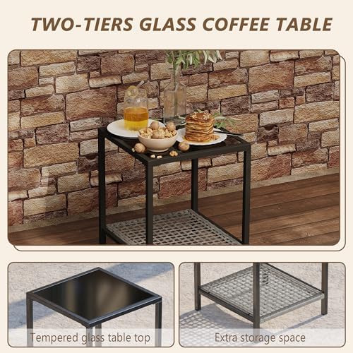 3 Piece Patio Rocking Chairs Set of 2, Outdoor Rocking Chair Bistro Set with Tempered Glass Coffee Table and Thick Lumbar Pillow Set, Front Porch Chairs for Garden, Backyard (Gray Rattan)