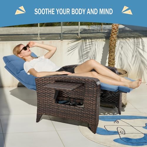 ZZW Upgraded Outdoor Recliner Chair, Reclining Patio Chairs with Adjustable Back up to 150°Lay Flat and Extended Footrest, Wicker Recliner Chairs with Flip Table and Removable Olefin Cushion