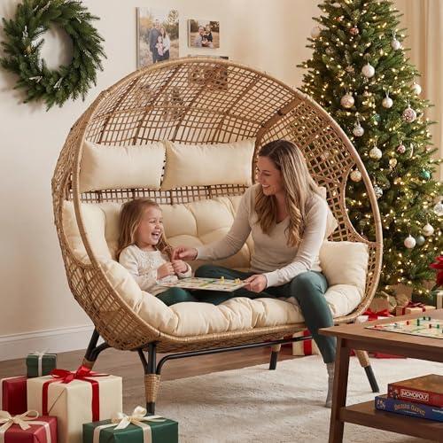 NICESOUL® Double Egg Chair Indoor Outdoor Stationary Oversized 6.5" Thick Padded Cushions,2 Person Egg Wicker Loveseat Chair, Extra Large Lounge Chair for Patio Balcony Porch Backyard Beige