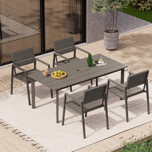 67" Rectangle HDPS Patio Dining Table, Aluminum Outdoor Patio Dining Table with Umbrella Hole, Weather-Resistant for Lawn, Garden, Yard, Poolside and Indoor Use (Gray & Teak)