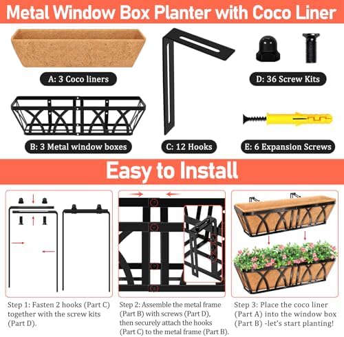 Riare 3 Pack 24 Inch Metal Railing Planter Window Box with Coco Liner