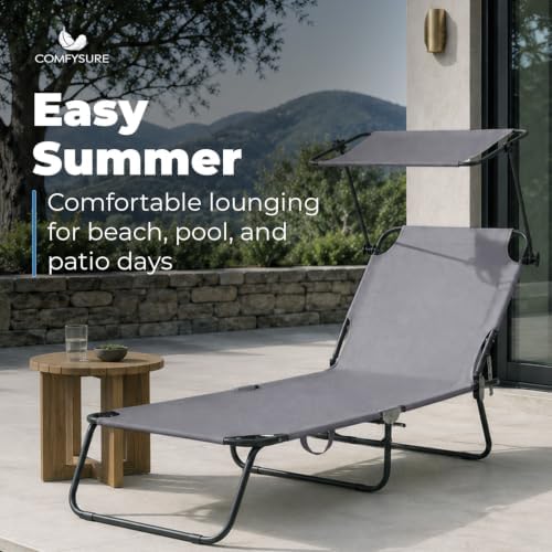 ComfySure Folding Outdoor Lounge Chair with Canopy - Portable & Adjustable Beach Lounge Chair - 5-Positions, Carry Handles, 600D Fabric, 220 lbs Capacity – Tanning Chaise Lounge for Beach, Patio