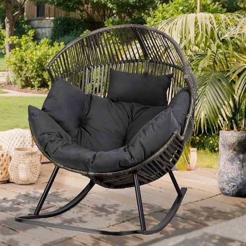 Vongrasig Wicker Egg Chair PE Rattan Rocking Chair with Cushion, Oversized Patio Lounge Rocker Chair for Outdoor, Indoor, Balcony, Backyard, Garden, Black/Rattan