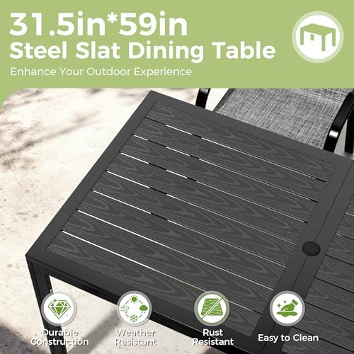 7-Piece Outdoor Dining Set, All-Weather Patio Table and Chairs Set with Umbrella Hole for 6, Steel Slat Table and 6 Textilene Chairs for Backyard, Poolside and Garden, Grey(No Umbrella)