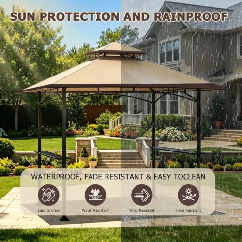 POOLTALE 5x8 FT Grill Gazebo Replacement Top, Outdoor BBQ Gazebo Top Cover, Double Tiered Layer BBQ Roof Gazebo Top Canopy Shelter