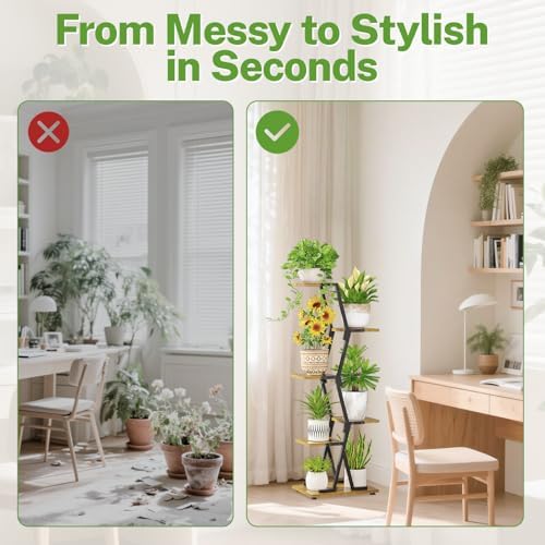 iDavosic.ly 5 Tier Indoor Plant Stand, Corner Tall Metal Shelf, Black Brown