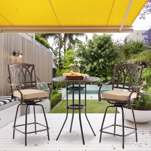 3 Piece Swivel Outdoor Table and Chairs Bar Set, All-Weather Cast