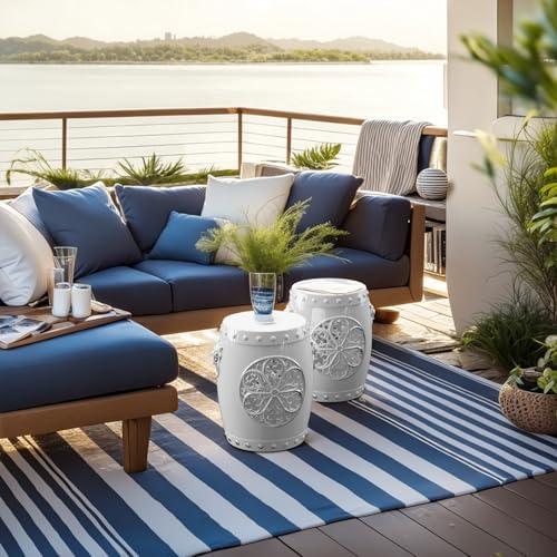 Decorative Stool Outdoor,Antique Classic Ceramic-Like Appearance, Waterproof UV Resistant Lightweight Sturdy Easy to Assemble & Clean Inside Outside Use (White)