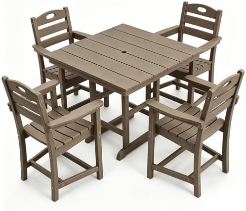 Outdoor Patio Dining Square Table and Armchair 5 Piece Set, Brown