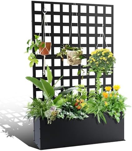 Metal Planter Box with Trellis, 71"x47"x12" Raised Garden Bed with Trellis