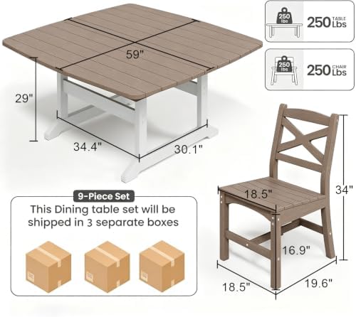 Outdoor Dining Set, HDPE 9-Piece Patio Table and Chairs Set, All-Weather Outdoor Dining Table Set for 8 with Umbrella Hole, Durable Patio Furniture Set with Chairs,White Brown