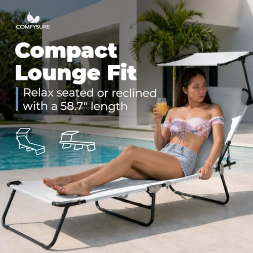 Folding Outdoor Lounge Chair with Canopy - Portable & Adjustable Beach Lounge Chair - 5-Positions, Carry Handles, 600D Fabric, 220 lbs Capacity – Tanning Chaise Lounge for Beach, Patio (2, Cream)
