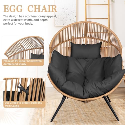 Vongrasig Outdoor Wicker Egg Chair PE Rattan Chair with Cushion, Oversized Patio Lounge Chair for Outdoor, Indoor, Balcony, Backyard, Garden, Black