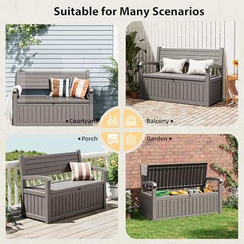 80 Gallon Lockable Deck Bench with Storage, Resin Stripes Outdoor Storage Box, Waterproof Outdoor Porch Bench for Patio Pool and Cushions Garden Tools, Grey