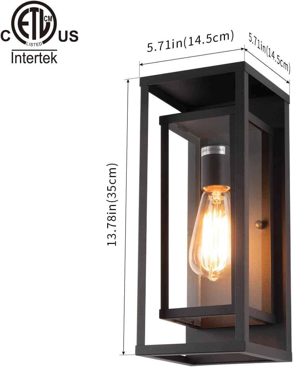 mirrea 14" Modern Outdoor Porch Wall Light, Matte Black, 2 Pack | Waterproof rectangular wall sconce with clear glass & metal frame. Perfect outdoor light fixture for entryways, patios.