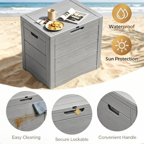 35 Gallon Outdoor Deck Box with Lid, Waterproof Lockable Resin Storage Container for Patio Cushions, Pool Toys, Garden Tools, and Porch Packages Delivery, Grey