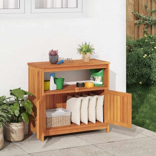Garden Console Table, Outdoor Storage Cabinet with 2 Doors and 2 Shelves for Patio, Garden, Backyard, 31.5 x 31.5 x 29.5 in Brown Solid Acacia Wood