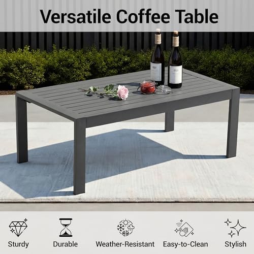 Metal Outdoor Coffee Table, Rectangle Patio Coffee Table, All-Weather Coffee Side Table for Balcony, Poolside, Deck, Garden, Dark Grey