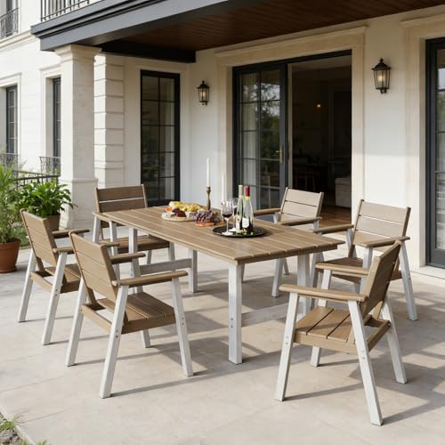 Outdoor Dining Set,7-Piece Patio Table and Chairs Set for 6, HDPE Outdoor Dining Table and Chairs with Umbrella Hole, All-Weather Patio Dining Furniture Set,White Brown