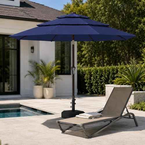 10ft Patio Umbrella, 3-Tier Vented Outdoor Table Umbrella with 8 Sturdy Fiberglass Ribs, Windproof Market Umbrella with Push Button Tilt and Crank, UV Protection for Deck, Pool, Navy Blue