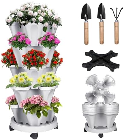 Vertical Strawberry Planter 5 Tier Stackable Tower Herb Planters-Stacking Garden Outdoor Planter Pot With Tools Mover For Succulents, Vegetables and Flowers