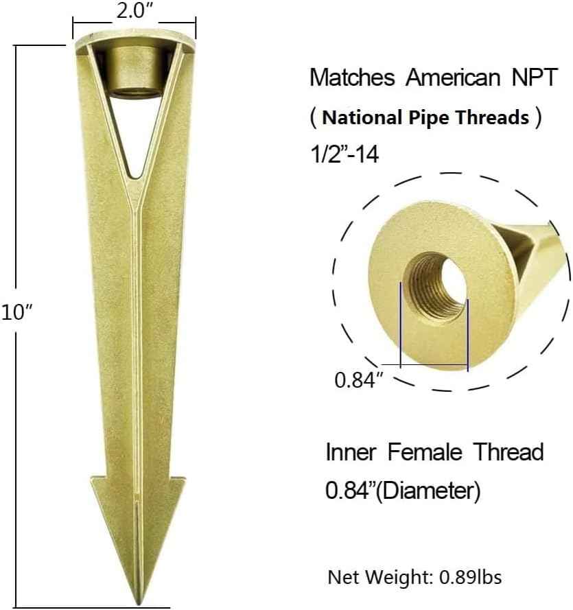 Arrownine Brass Landscape Lighting Anchor Stakes,Ground Light Spikes | 1/2 Inch NPT Female Thread Outdoor Landscape Lighting Fixtures Ground Lighting Spike Replacement Brass Finish