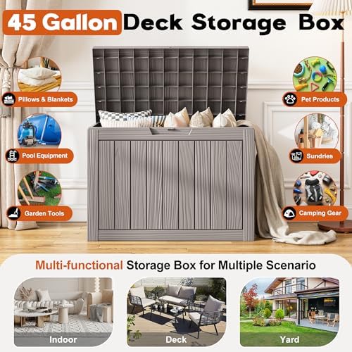 Waterproof Outdoor Storage Box, Resin Patio Bin,50 Gal,Grey
