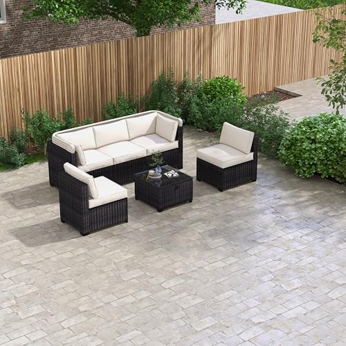 BROVAVE 83" Outdoor Rattan Sofa,6 Pieces Sets Patio Furniture with Retractable Canopy,Sectional Couch with Adjustable Backrest for Backyard,Garden,Poolside,Antique Grey White