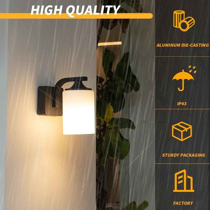 Outdoor Wall Lamp, Waterproof and Anti-Rust Aluminium Modern wall Light Fixture Milk Glass Indoor for Outside,Garden, Matt Black