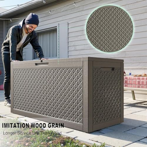 Resin Deck Box Outdoor Storage Box Waterproof for Patio Furniture,Outdoor Cushions,Garden Tools and Pool Supplies (Grey, 110 Gallon)