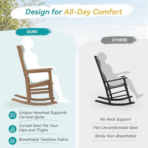 3-Piece Outdoor Rocking Chair Set, HDPE Patio Rocking Chair with Removable Headrest, Breathable Textilene & Table, All-Weather Resistant Poly Porch Rockers Set for Porch, Garden, Walnut Brown