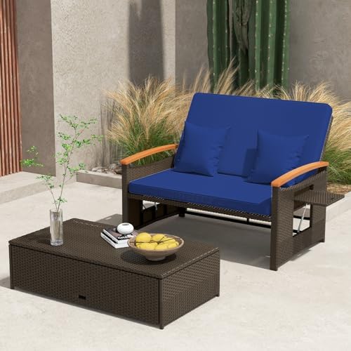 LDAILY Moccha Outdoor Wicker Daybed, Patio Rattan Loveseat Sofa w/ 4-Level Adjustable Backrest, Folding Panels, Storage Ottoman & Cushions, Lounge Furniture Set for Poolside Backyard Porch (Navy)
