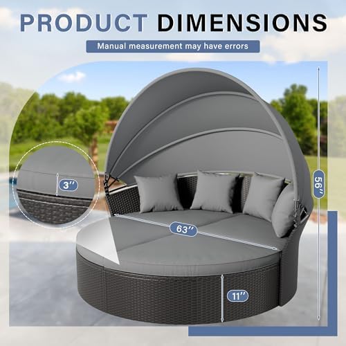 Crownland Round Patio Daybed with Retractable Canopy, Clamshell Wicker Sectional, Outdoor Wicker Furniture Daybed for Backyard, Poolside, or Garden，Grey