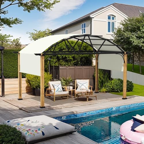 10' X 13' Outdoor Pergola with Retractable Canopy, Wood Grain Metal Patio Pergola Shade, Aluminum Pergola for Deck, Backyard, Garden, Poolside