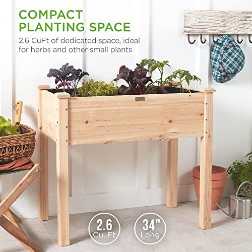 Best Choice Products 34x18x30in Raised Garden Bed, Elevated Wood Planter Box Stand for Kids, Backyard, Patio, Balcony w/Bed Liner, 150lb Capacity - Natural
